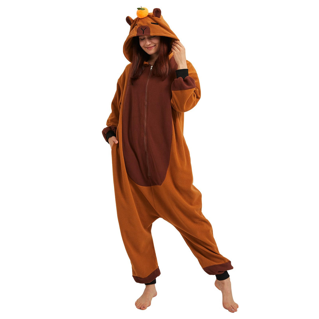 Adult Capybara Onesie Costume – Cozy Rodent Pajamas with Orange Slice Accent for Halloween & Cosplay