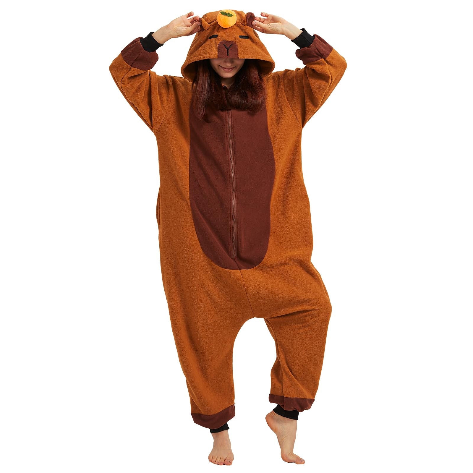 Adult Capybara Onesie Costume – Cozy Rodent Pajamas with Orange Slice Accent for Halloween & Cosplay