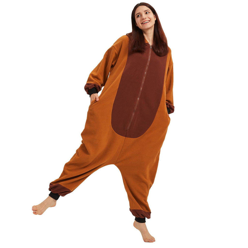 Adult Capybara Onesie Costume – Cozy Rodent Pajamas with Orange Slice Accent for Halloween & Cosplay