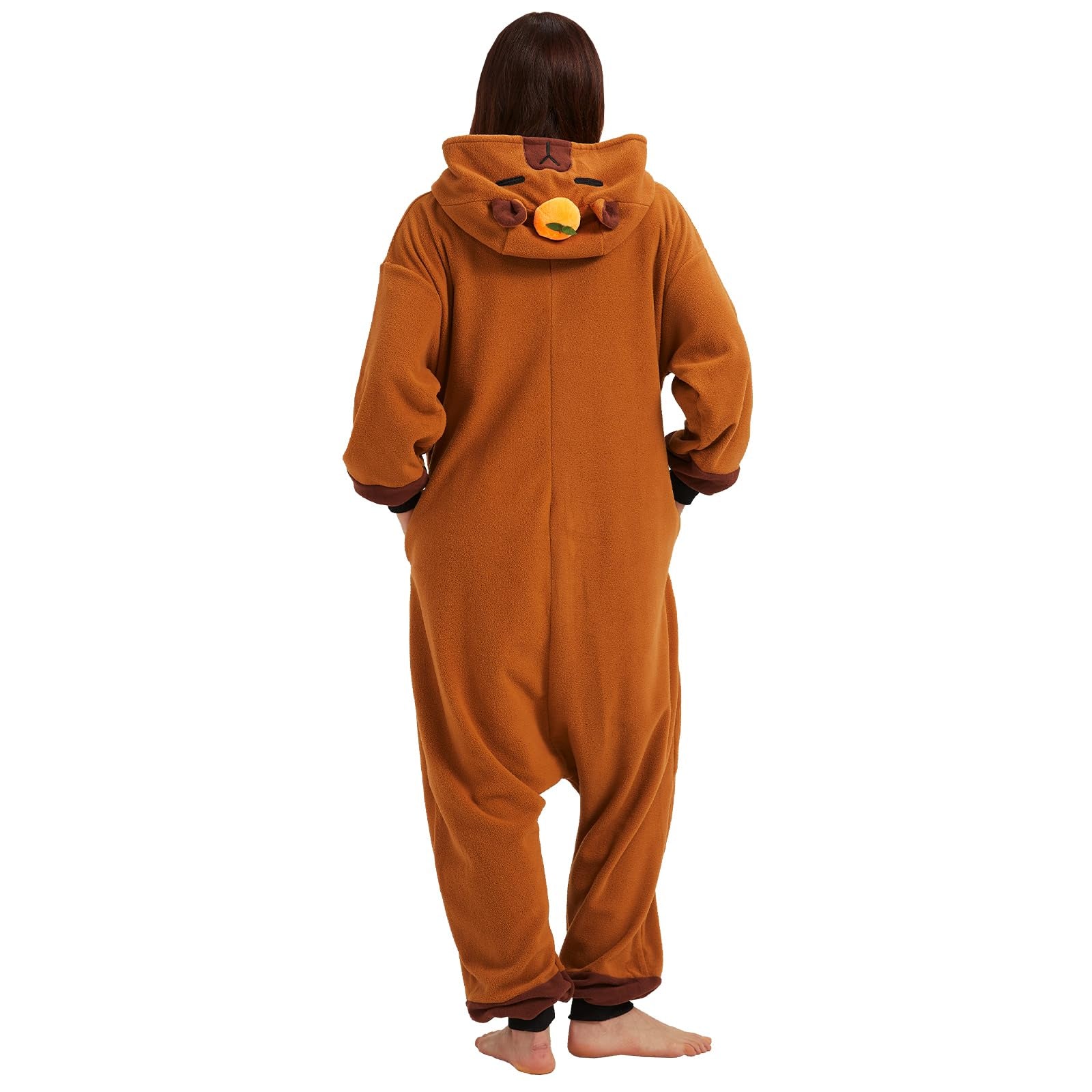 Adult Capybara Onesie Costume – Cozy Rodent Pajamas with Orange Slice Accent for Halloween & Cosplay