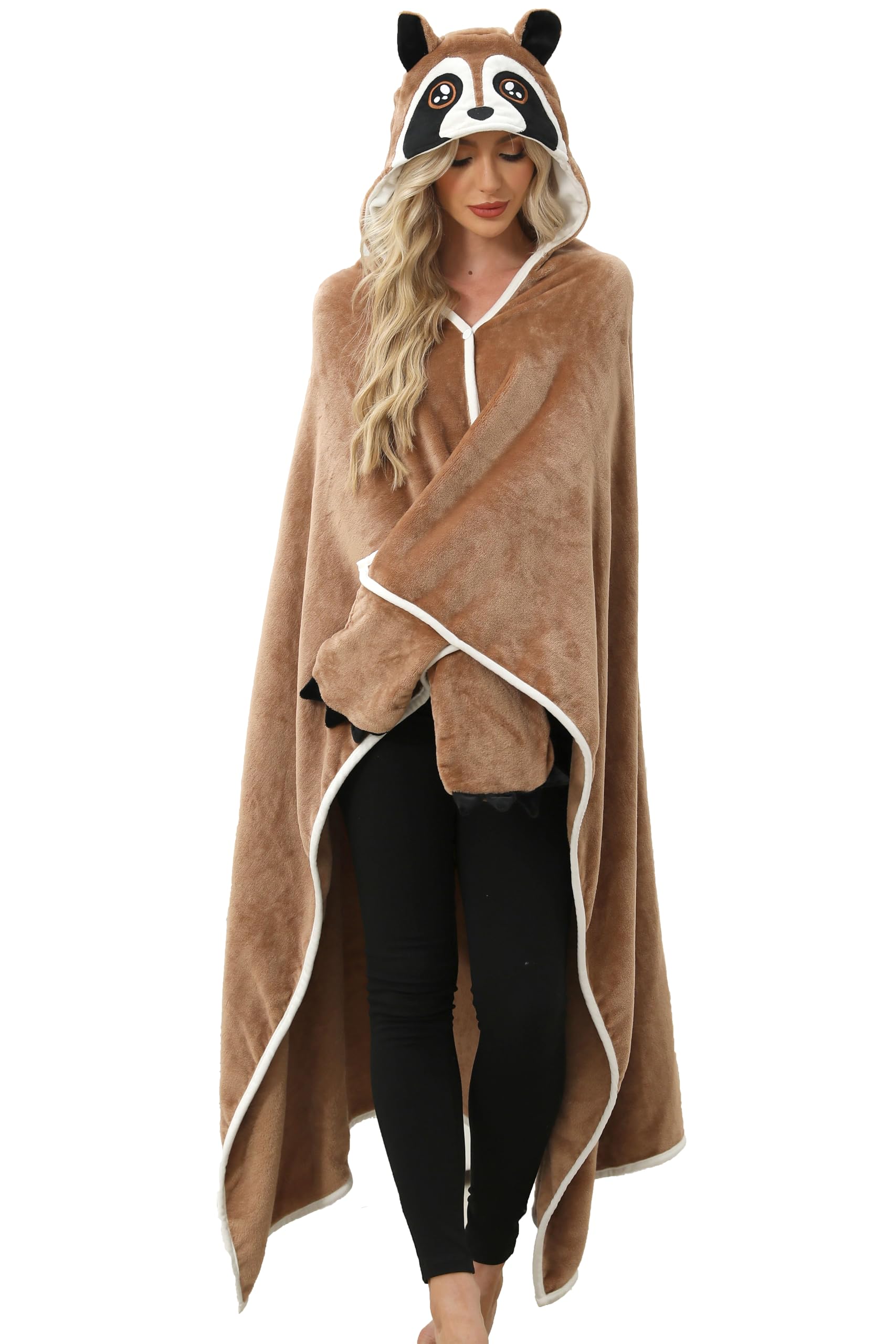 Brown Raccoon Hooded Blanket – Wearable Cozy Cape with Hood for Adults, Unisex Warm Fleece Throw for Lounging