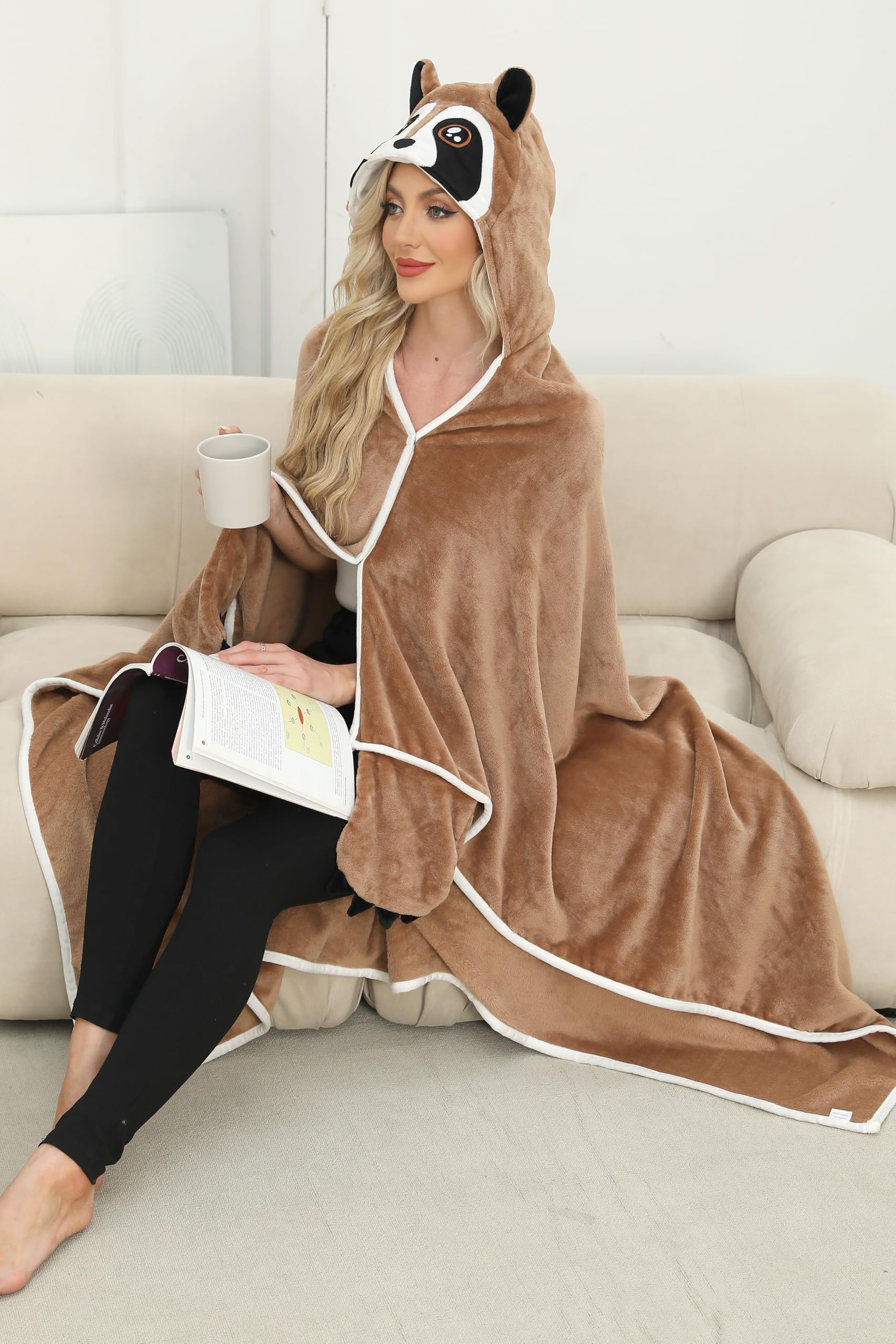 Brown Raccoon Hooded Blanket – Wearable Cozy Cape with Hood for Adults, Unisex Warm Fleece Throw for Lounging