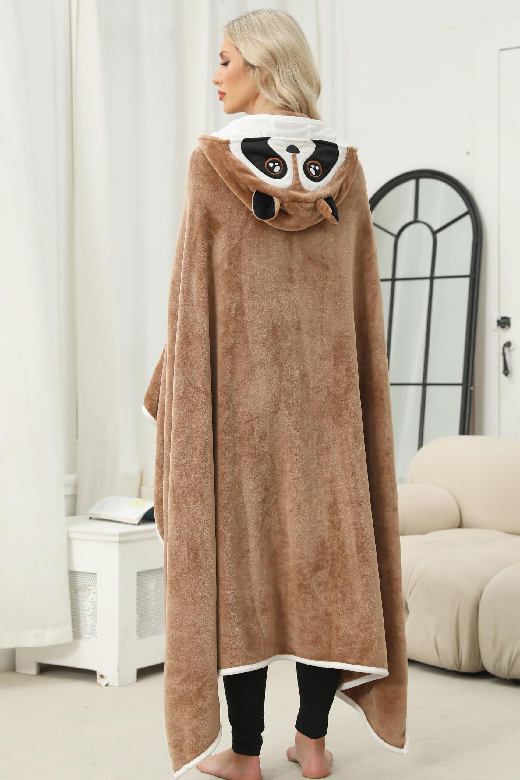 Brown Raccoon Hooded Blanket – Wearable Cozy Cape with Hood for Adults, Unisex Warm Fleece Throw for Lounging