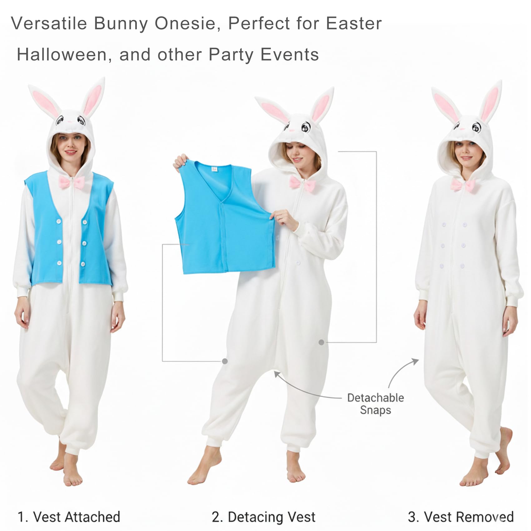 Adorable Easter Bunny Onesie – 2-in-1 Polar Fleece Rabbit Costume with Detachable Vest