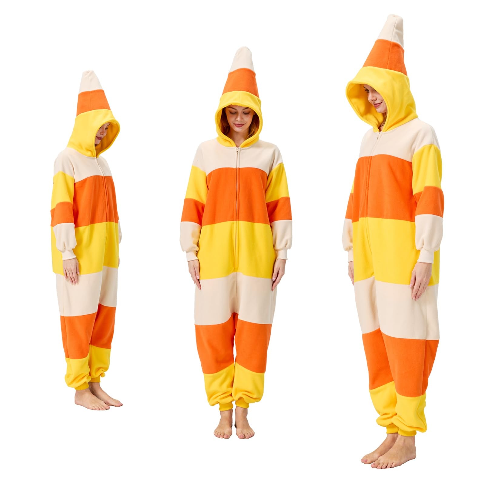 Adult Candy Corn Onesie Costume – Sweet Halloween Pajamas with Iconic Tri-Color Design for Costume Parties