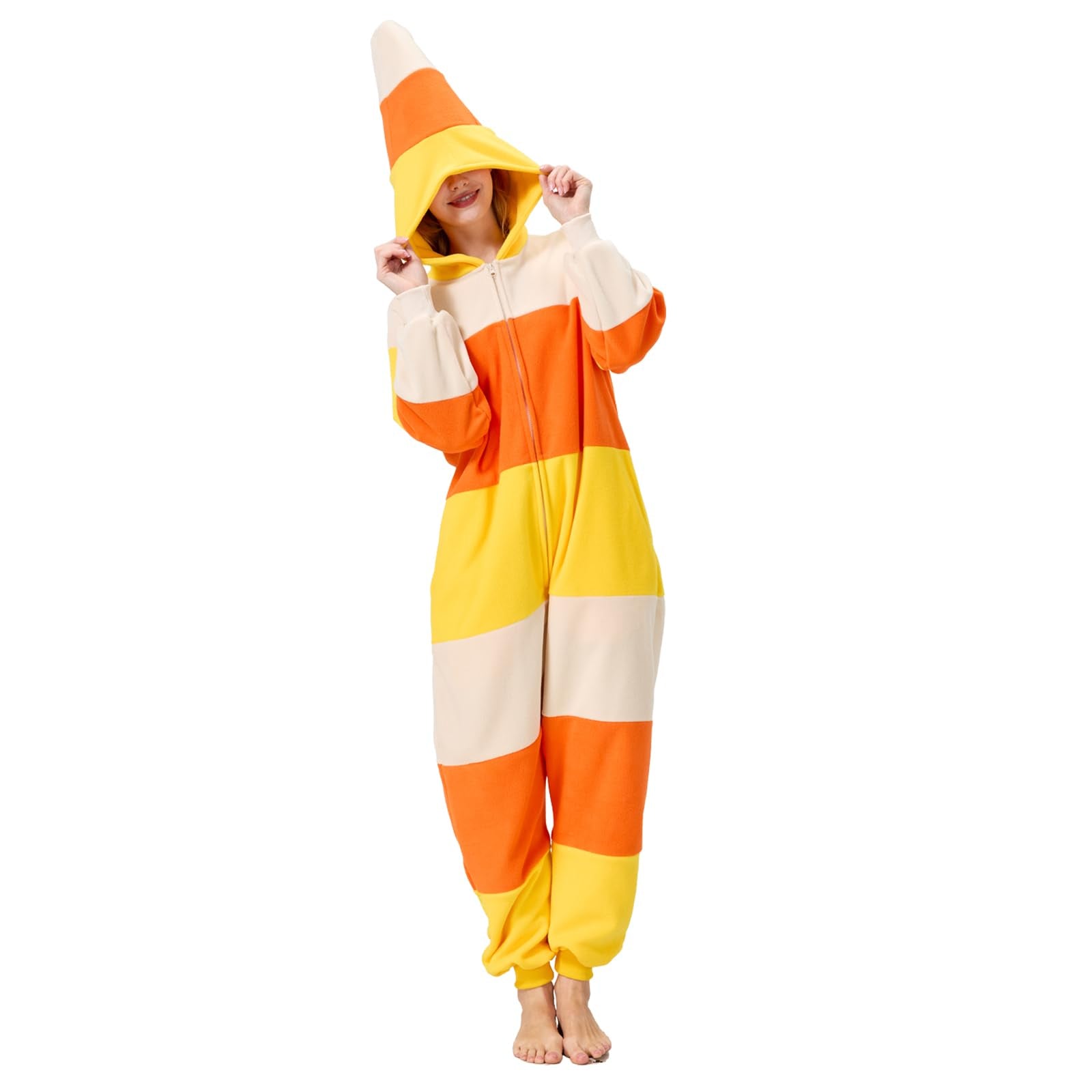 Adult Candy Corn Onesie Costume – Sweet Halloween Pajamas with Iconic Tri-Color Design for Costume Parties