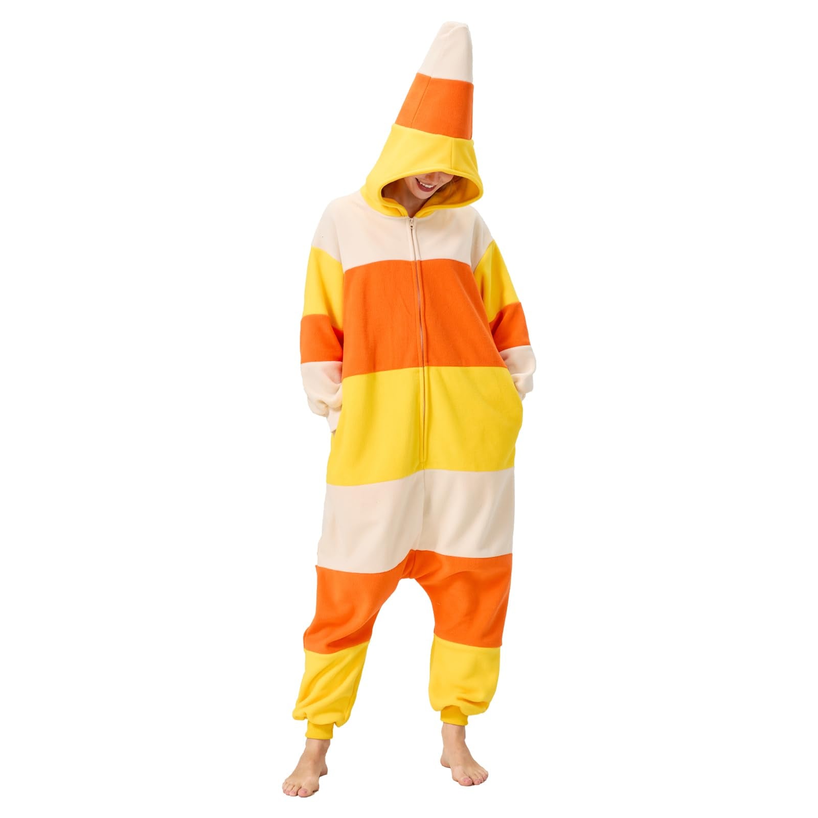 Adult Candy Corn Onesie Costume – Sweet Halloween Pajamas with Iconic Tri-Color Design for Costume Parties