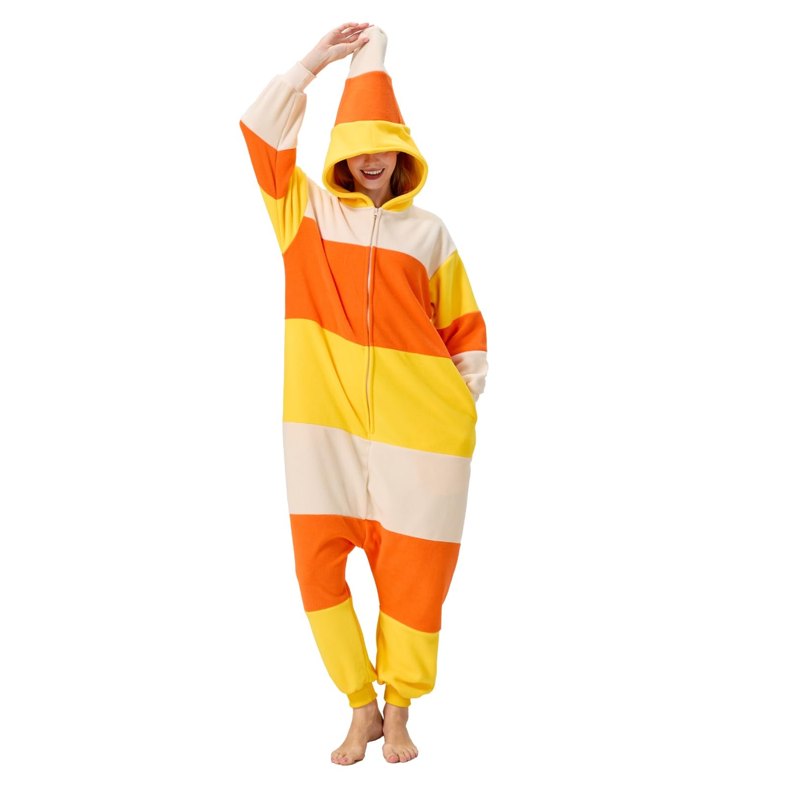 Adult Candy Corn Onesie Costume – Sweet Halloween Pajamas with Iconic Tri-Color Design for Costume Parties