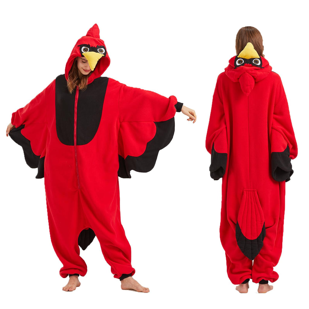 Adult Cardinal Onesie Costume – Red Bird Pajamas with Realistic Tail & Feather Details for Halloween & Cosplay