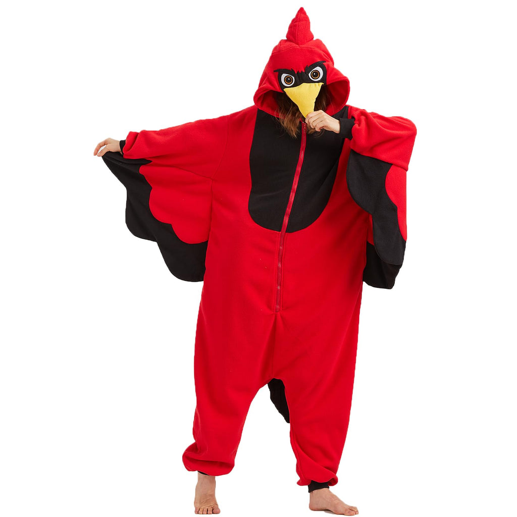 Adult Cardinal Onesie Costume – Red Bird Pajamas with Realistic Tail & Feather Details for Halloween & Cosplay