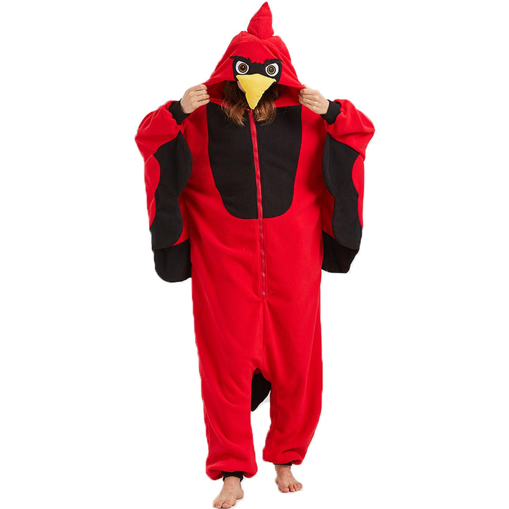 Adult Cardinal Onesie Costume – Red Bird Pajamas with Realistic Tail & Feather Details for Halloween & Cosplay
