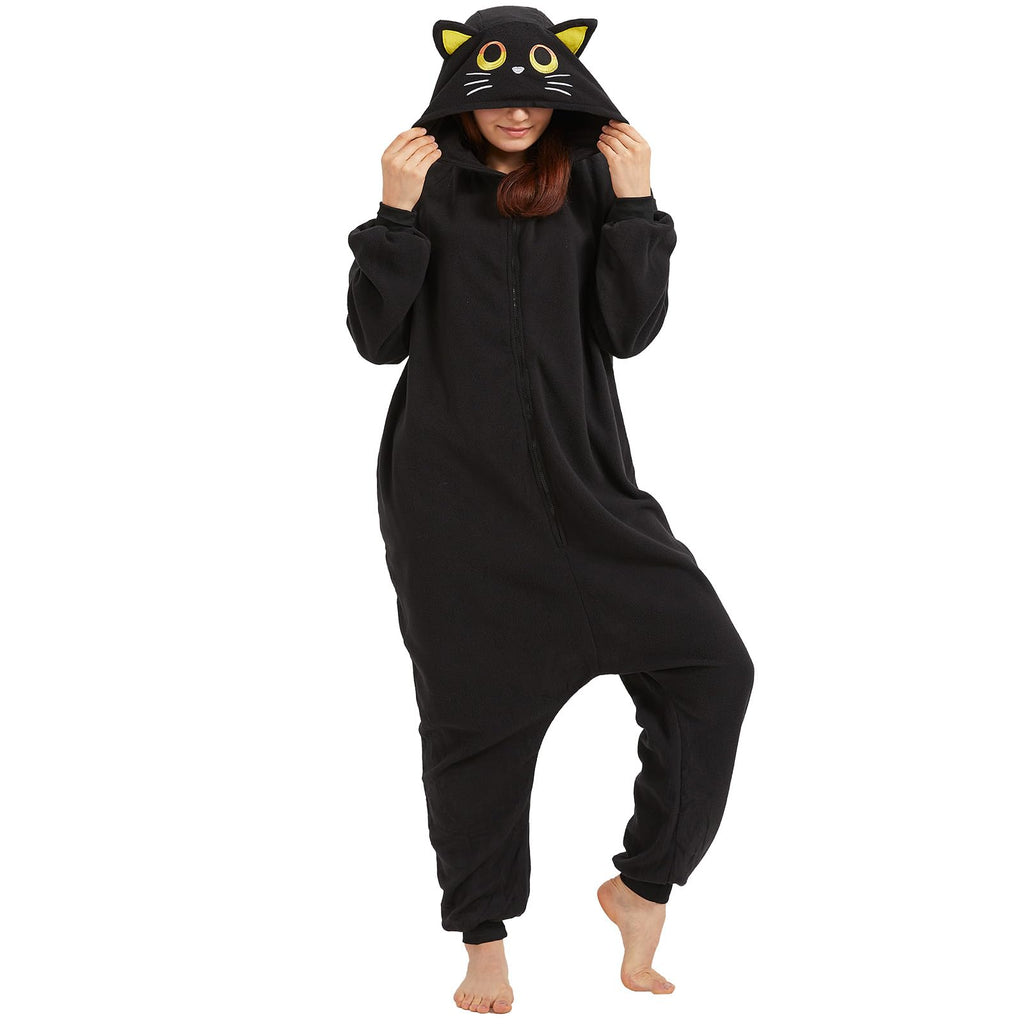 Adult Black Cat Onesie Costume – Mysterious Feline Pajamas with Ears, Whiskers & Tail for Halloween & Cosplay