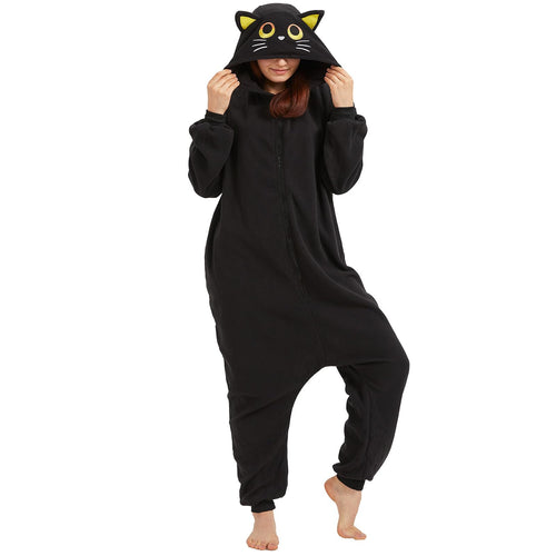 Adult Black Cat Onesie Costume – Mysterious Feline Pajamas with Ears, Whiskers & Tail for Halloween & Cosplay