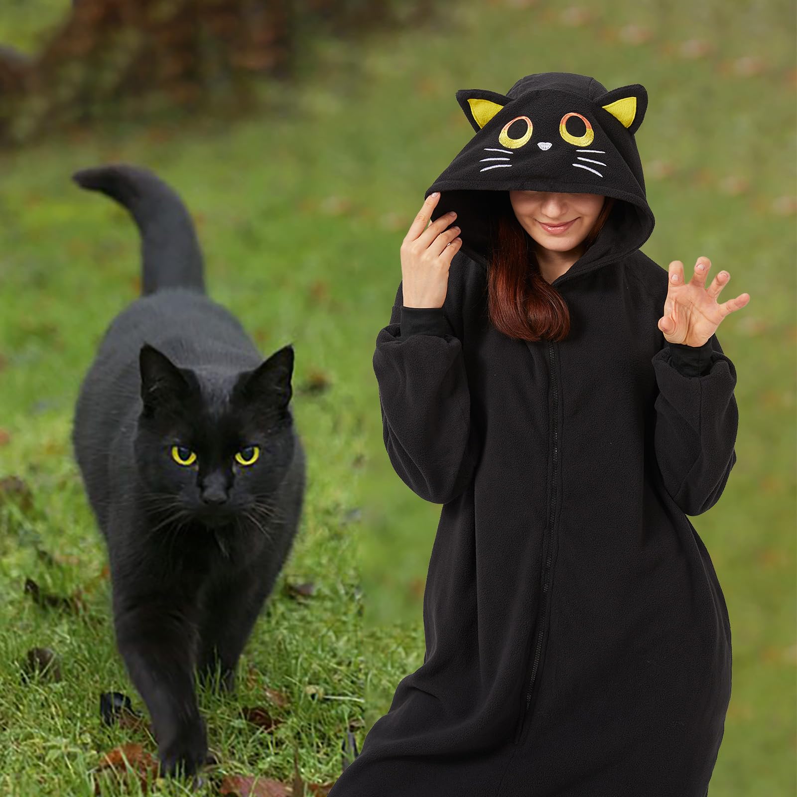 Adult Black Cat Onesie Costume – Mysterious Feline Pajamas with Ears, Whiskers & Tail for Halloween & Cosplay