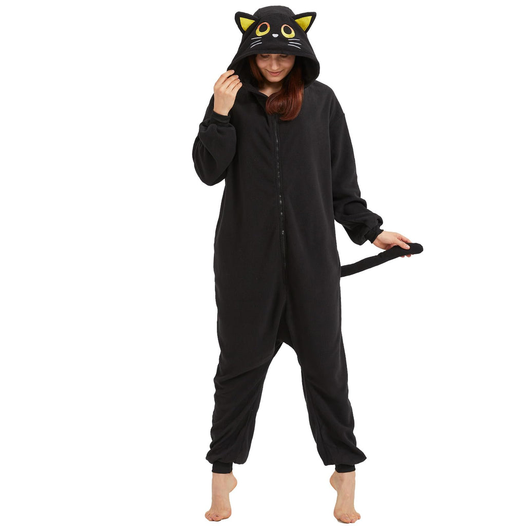 Adult Black Cat Onesie Costume – Mysterious Feline Pajamas with Ears, Whiskers & Tail for Halloween & Cosplay