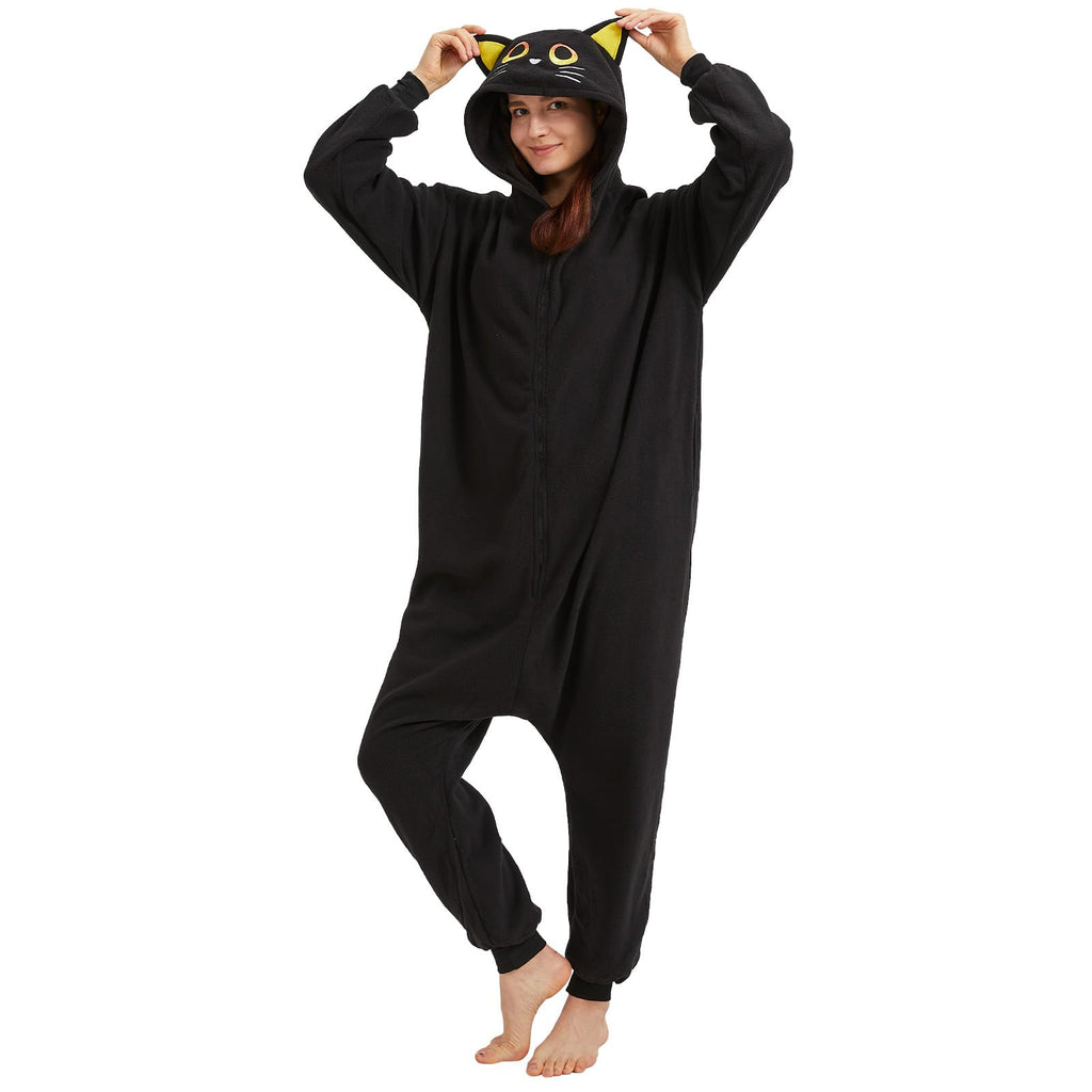 Adult Black Cat Onesie Costume – Mysterious Feline Pajamas with Ears, Whiskers & Tail for Halloween & Cosplay