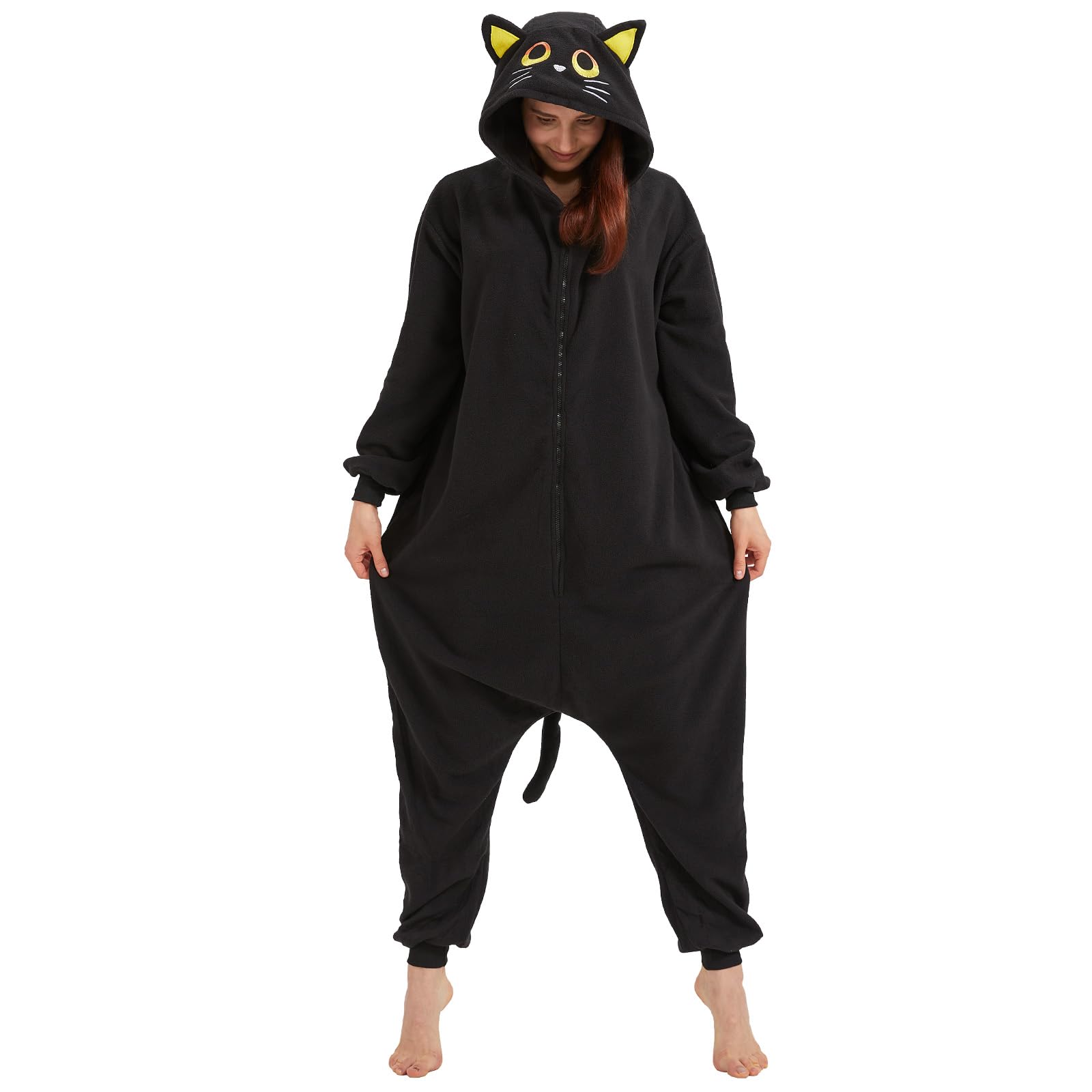 Adult Black Cat Onesie Costume – Mysterious Feline Pajamas with Ears, Whiskers & Tail for Halloween & Cosplay