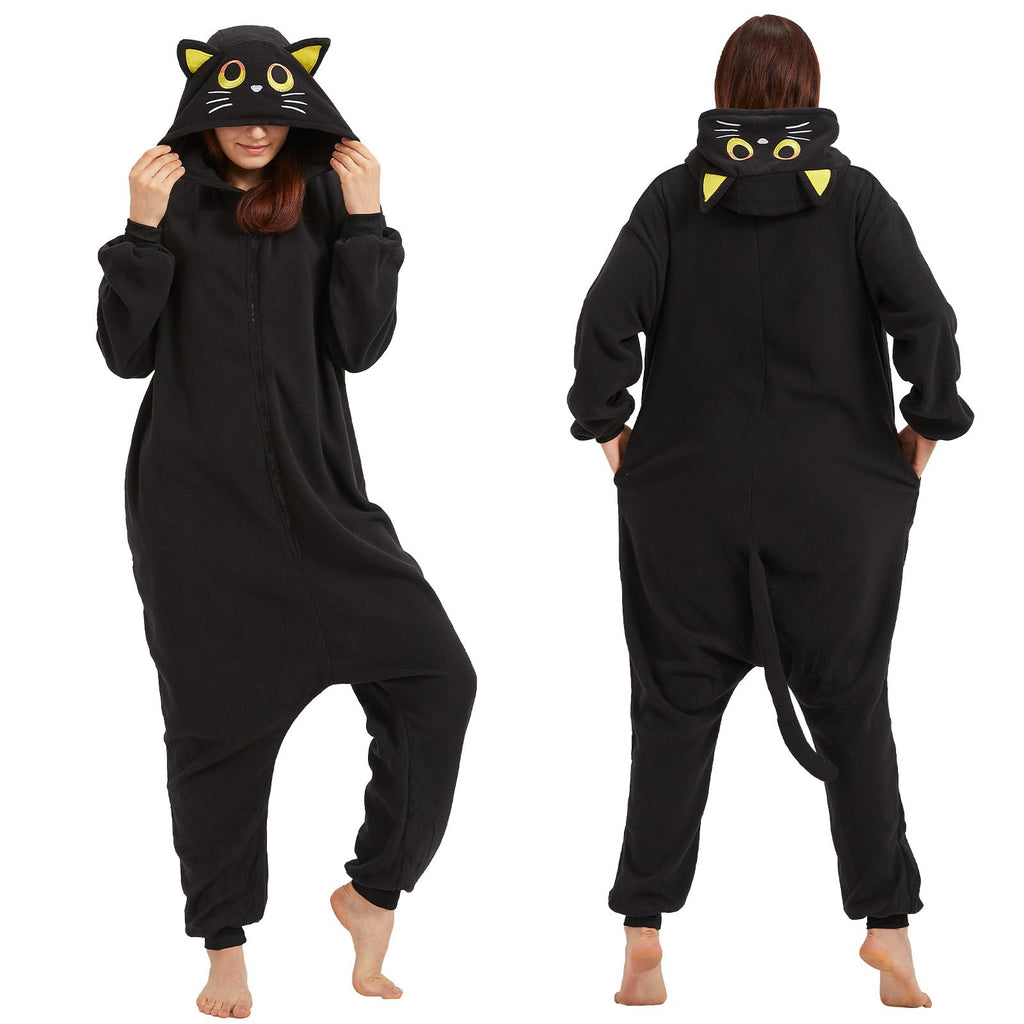 Adult Black Cat Onesie Costume – Mysterious Feline Pajamas with Ears, Whiskers & Tail for Halloween & Cosplay
