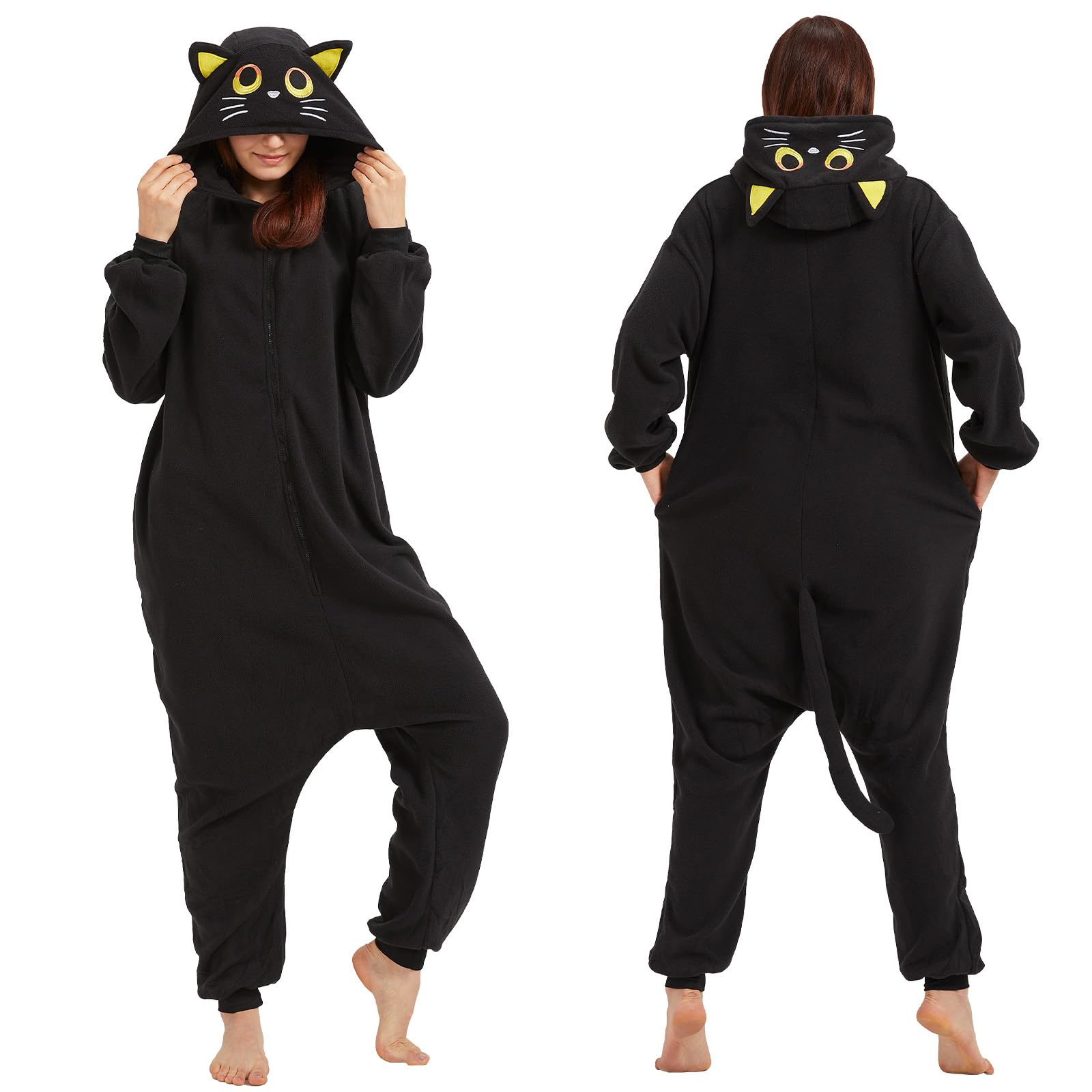 Adult Black Cat Onesie Costume – Mysterious Feline Pajamas with Ears, Whiskers & Tail for Halloween & Cosplay