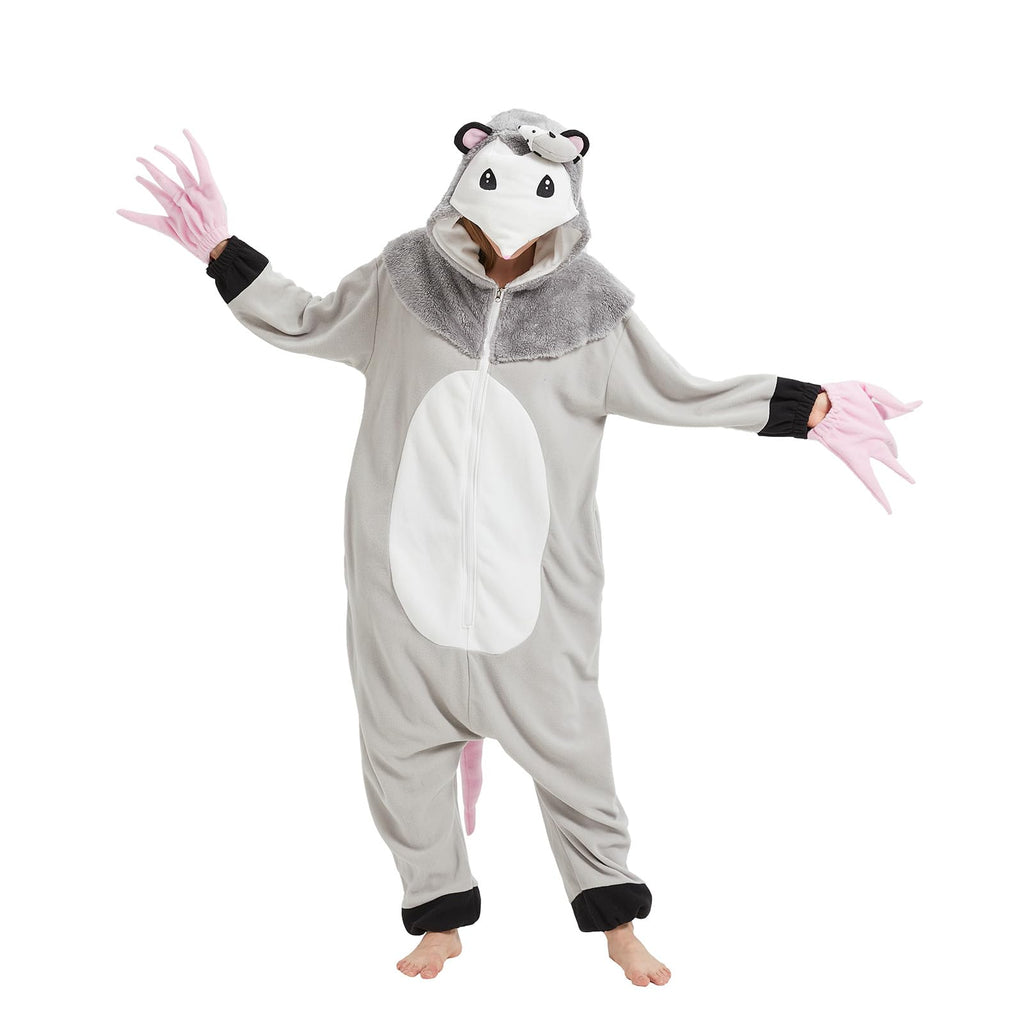 Adult Opossum Onesie Costume – Cute Possum Pajamas with Hood, Pink Gloves & Bushy Tail for Halloween & Lounging