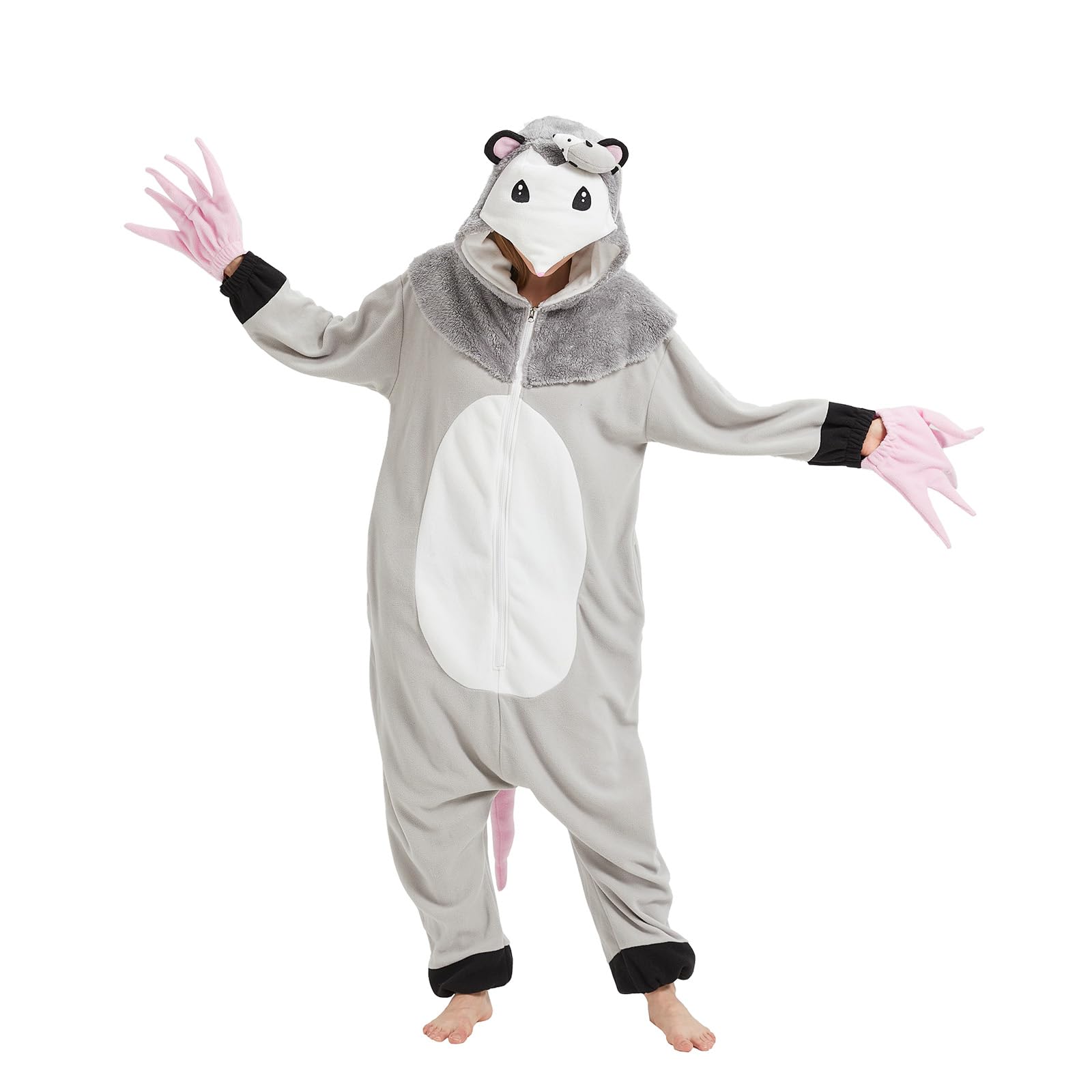 Adult Opossum Onesie Costume – Cute Possum Pajamas with Hood, Pink Gloves & Bushy Tail for Halloween & Lounging