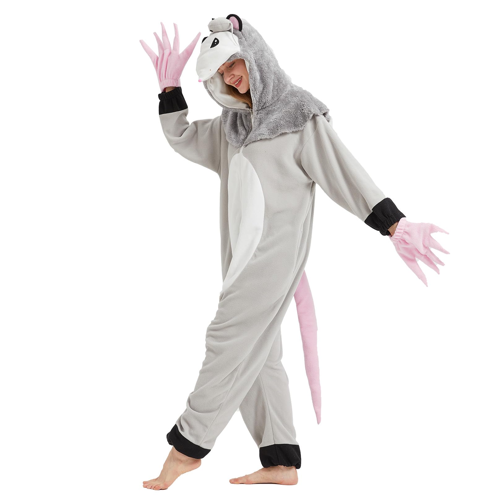 Adult Opossum Onesie Costume – Cute Possum Pajamas with Hood, Pink Gloves & Bushy Tail for Halloween & Lounging