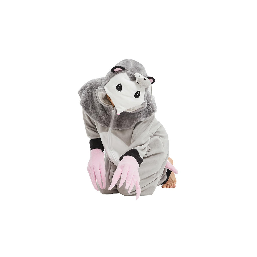 Adult Opossum Onesie Costume – Cute Possum Pajamas with Hood, Pink Gloves & Bushy Tail for Halloween & Lounging