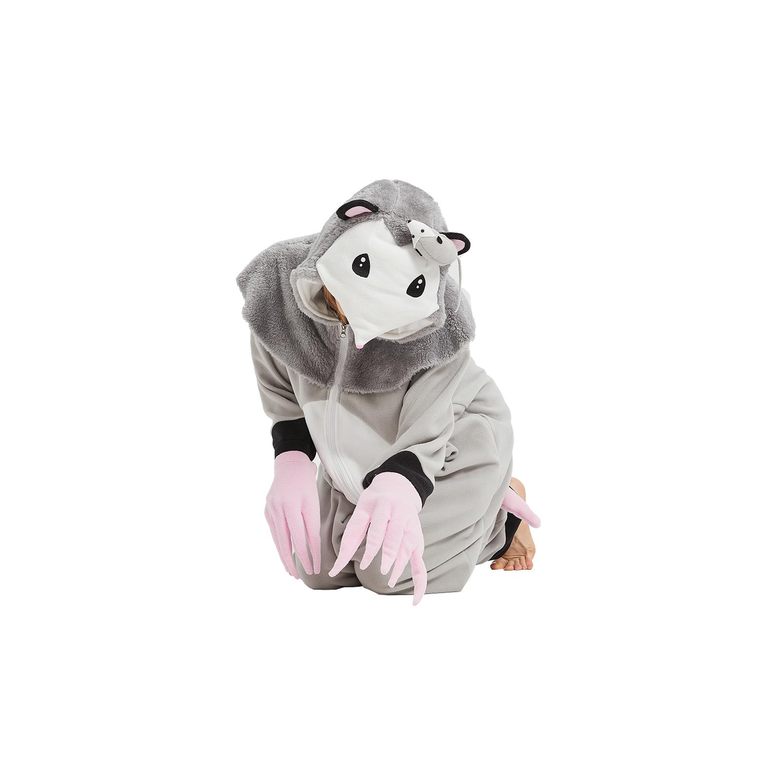 Adult Opossum Onesie Costume – Cute Possum Pajamas with Hood, Pink Gloves & Bushy Tail for Halloween & Lounging