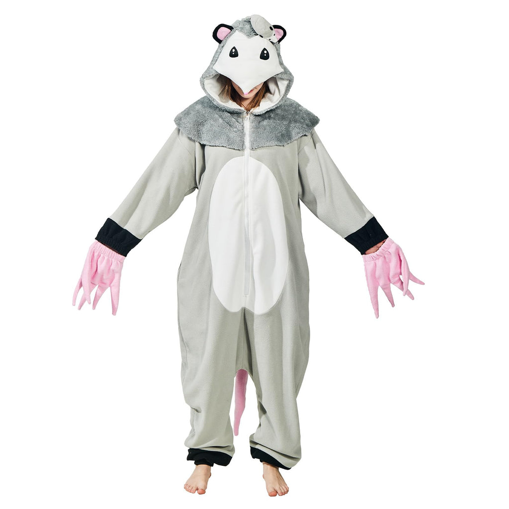 Adult Opossum Onesie Costume – Cute Possum Pajamas with Hood, Pink Gloves & Bushy Tail for Halloween & Lounging