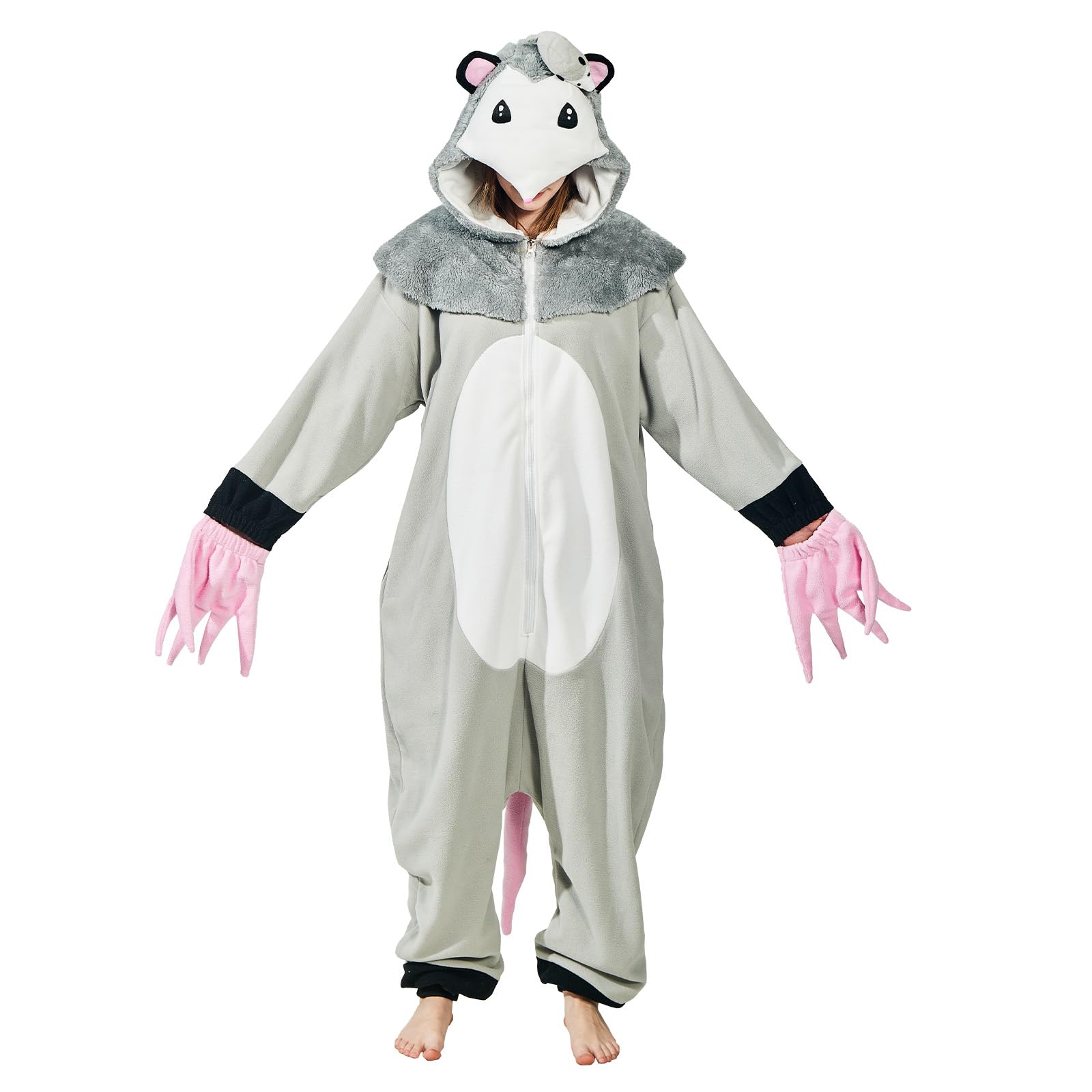 Adult Opossum Onesie Costume – Cute Possum Pajamas with Hood, Pink Gloves & Bushy Tail for Halloween & Lounging