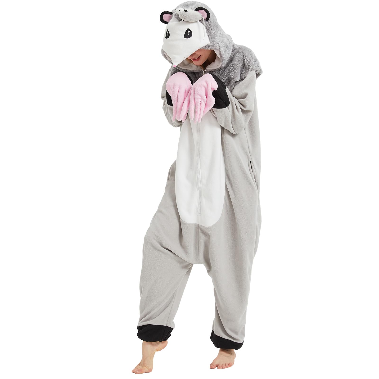 Adult Opossum Onesie Costume – Cute Possum Pajamas with Hood, Pink Gloves & Bushy Tail for Halloween & Lounging