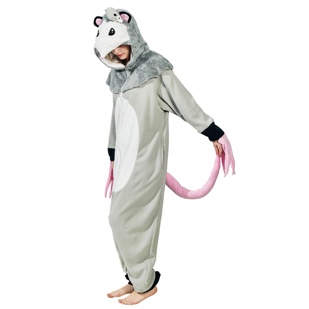 Adult Opossum Onesie Costume – Cute Possum Pajamas with Hood, Pink Gloves & Bushy Tail for Halloween & Lounging