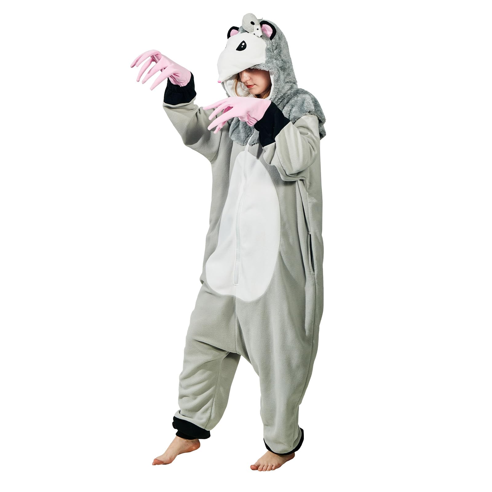 Adult Opossum Onesie Costume – Cute Possum Pajamas with Hood, Pink Gloves & Bushy Tail for Halloween & Lounging
