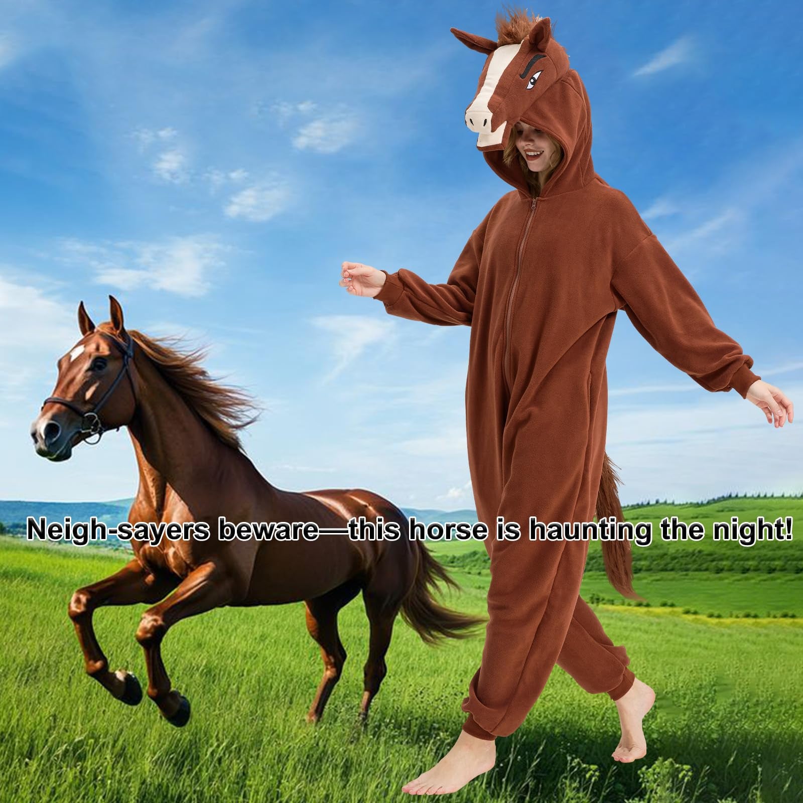 Realistic Horse Onesie Costume – Brown & White Pegasus Kigurumi with Mane & Tail