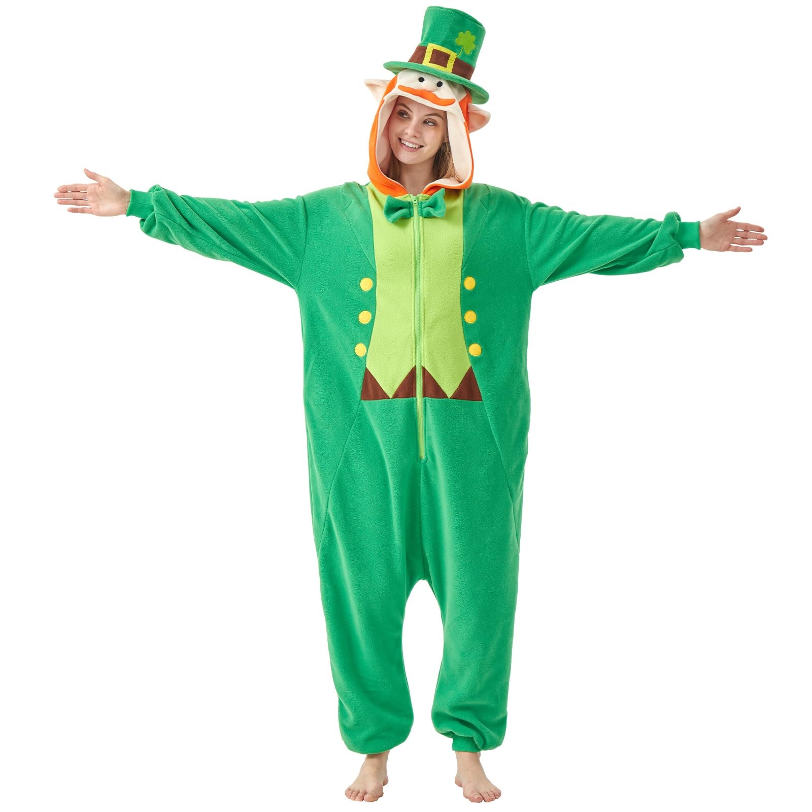 Men's Leprechaun Onesie Costume – St. Patrick's Day Green Irish Fancy Dress Suit with Hat & Beard