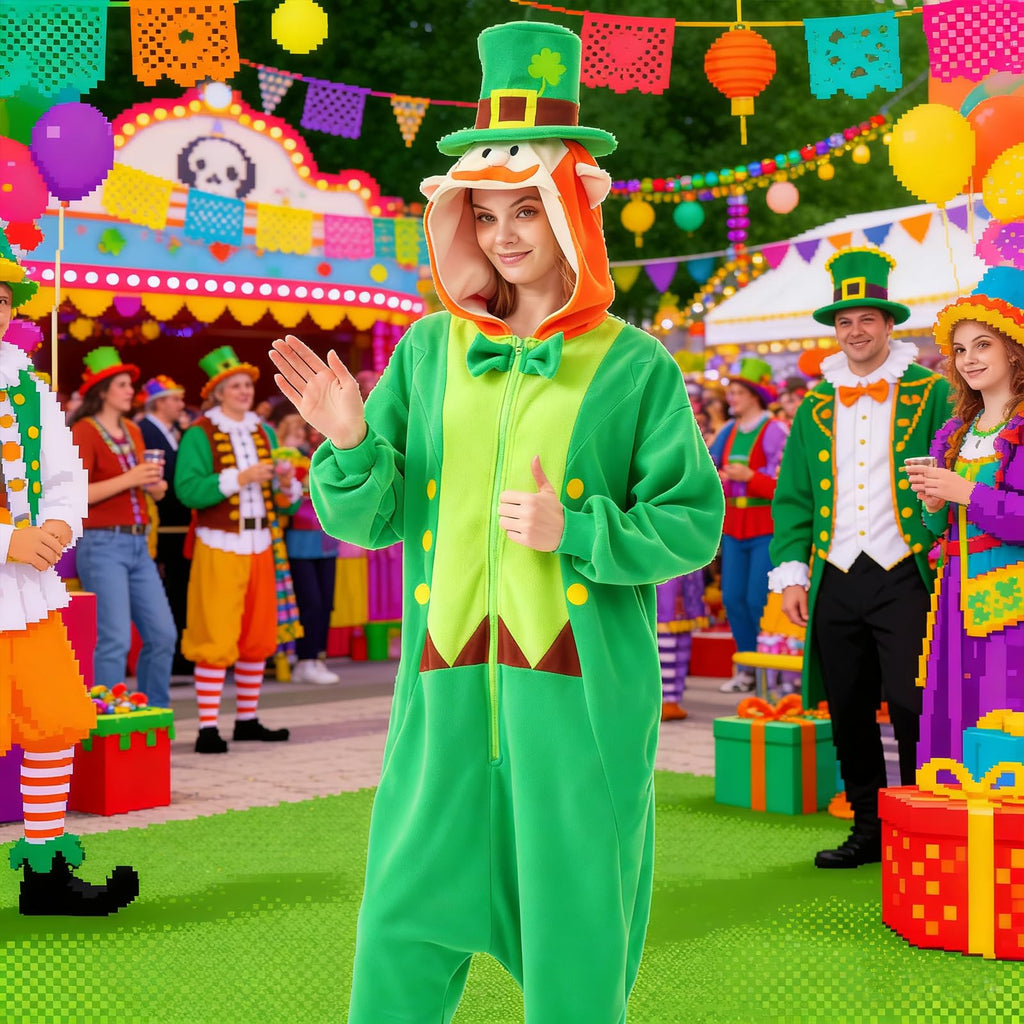 Men's Leprechaun Onesie Costume – St. Patrick's Day Green Irish Fancy Dress Suit with Hat & Beard