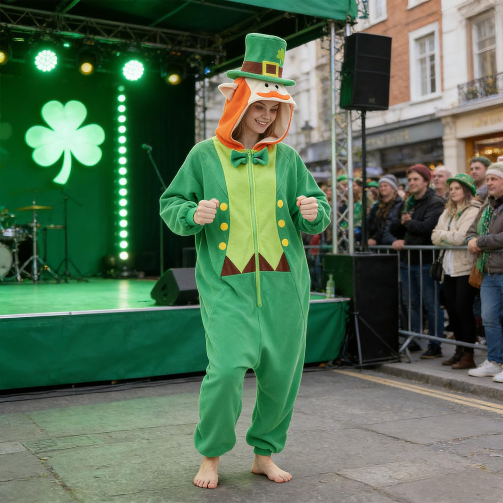 Men's Leprechaun Onesie Costume – St. Patrick's Day Green Irish Fancy Dress Suit with Hat & Beard