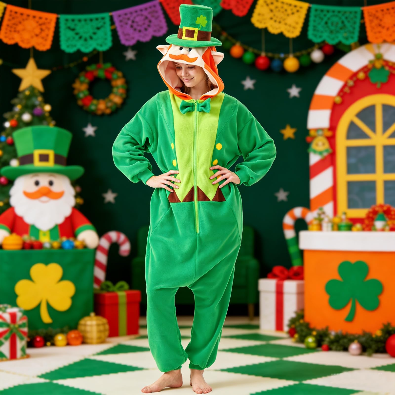 Men's Leprechaun Onesie Costume – St. Patrick's Day Green Irish Fancy Dress Suit with Hat & Beard