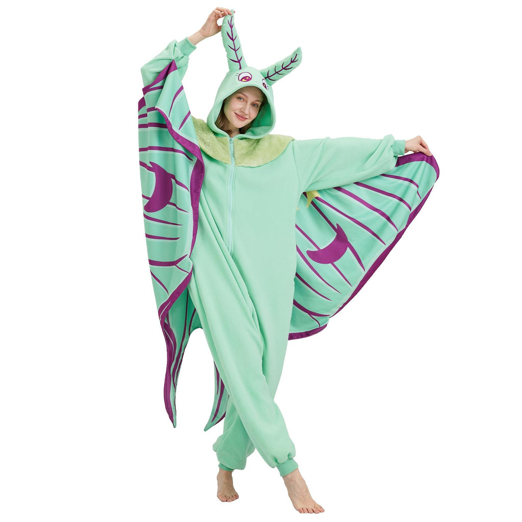 Adult Luna Moth Onesie Costume – Ethereal Winged Pajamas with 3D Antennae & Velvet Collar for Halloween & Cosplay