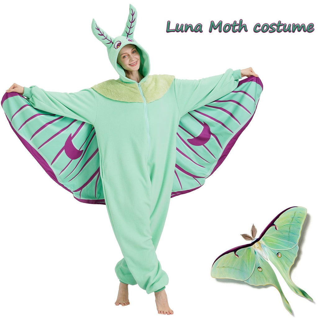 Adult Luna Moth Onesie Costume – Ethereal Winged Pajamas with 3D Antennae & Velvet Collar for Halloween & Cosplay