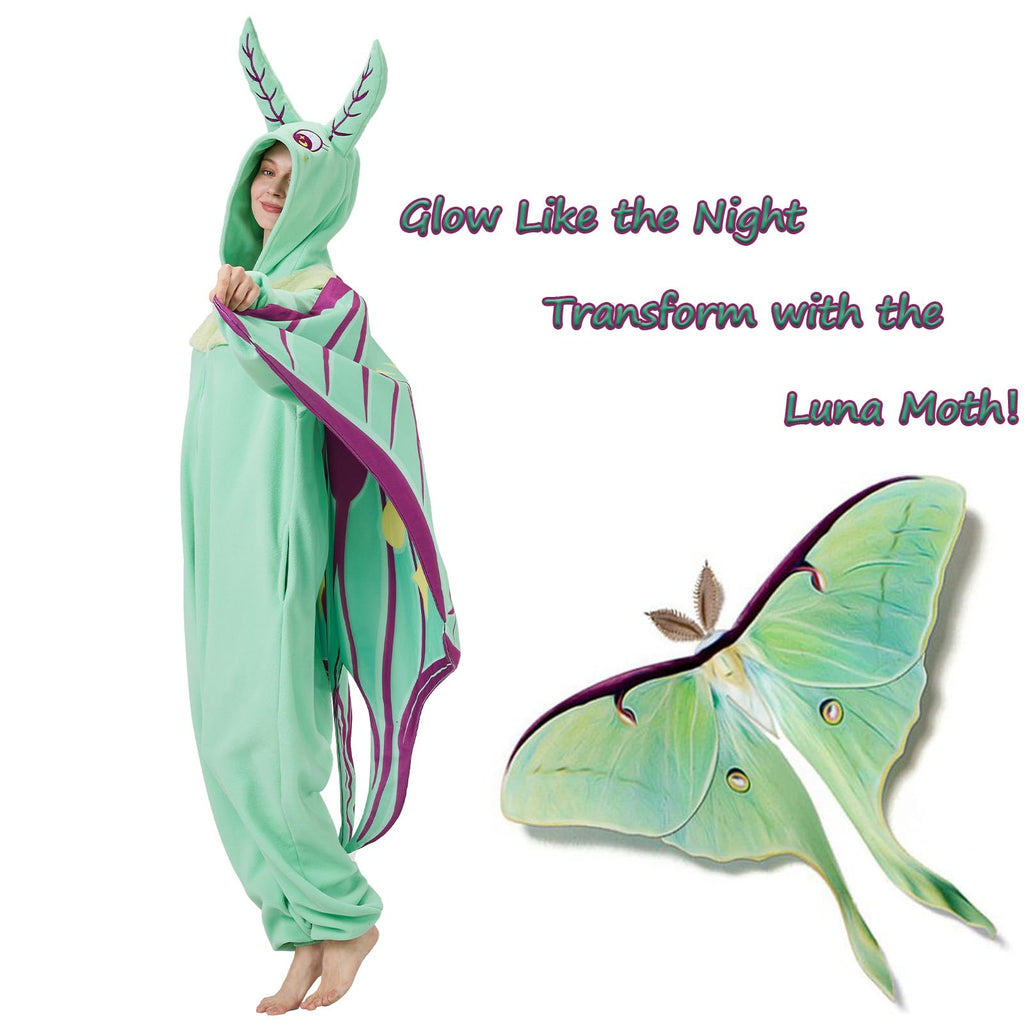 Adult Luna Moth Onesie Costume – Ethereal Winged Pajamas with 3D Antennae & Velvet Collar for Halloween & Cosplay