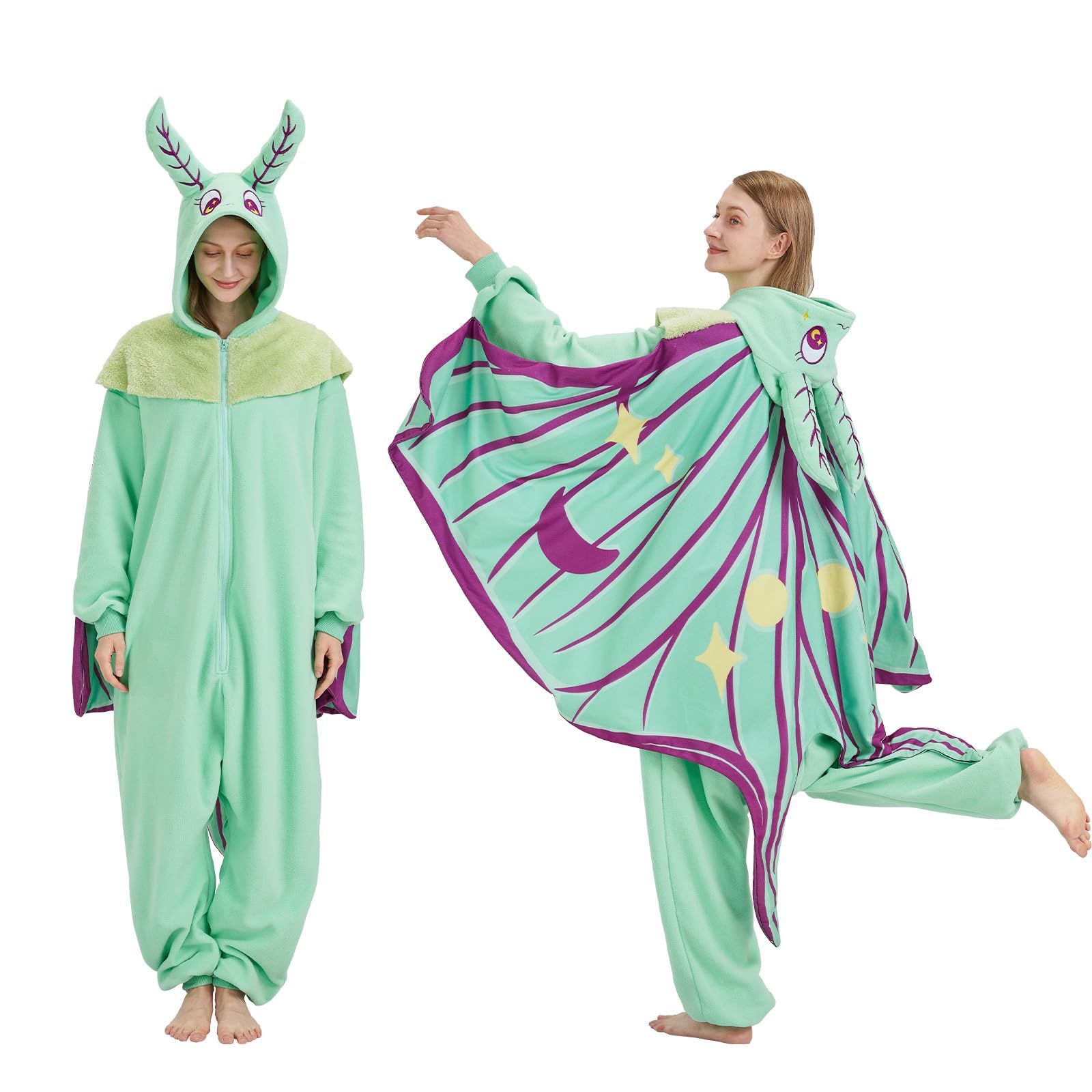 Adult Luna Moth Onesie Costume – Ethereal Winged Pajamas with 3D Antennae & Velvet Collar for Halloween & Cosplay