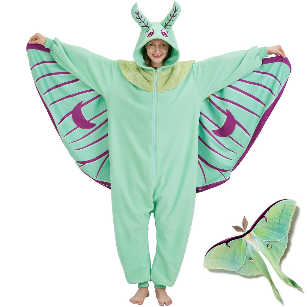 Adult Luna Moth Onesie Costume – Ethereal Winged Pajamas with 3D Antennae & Velvet Collar for Halloween & Cosplay