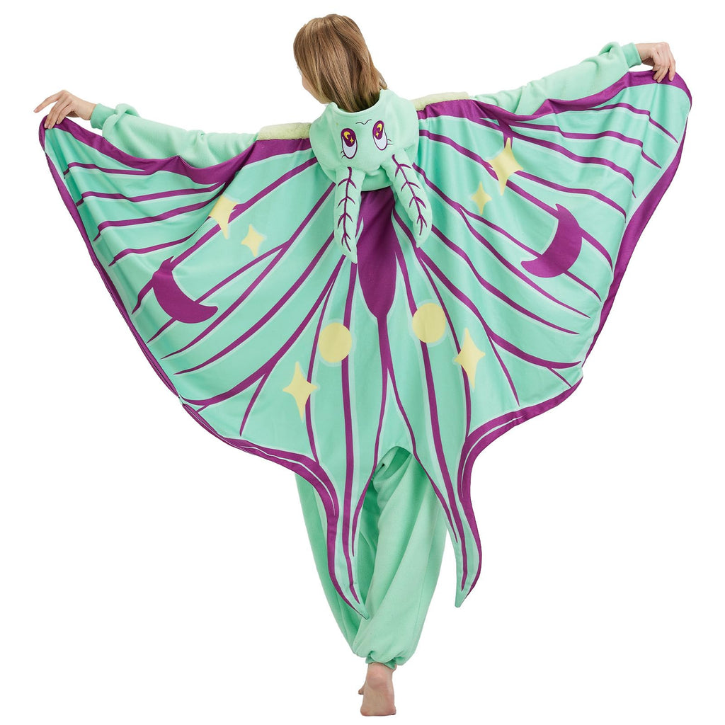 Adult Luna Moth Onesie Costume – Ethereal Winged Pajamas with 3D Antennae & Velvet Collar for Halloween & Cosplay