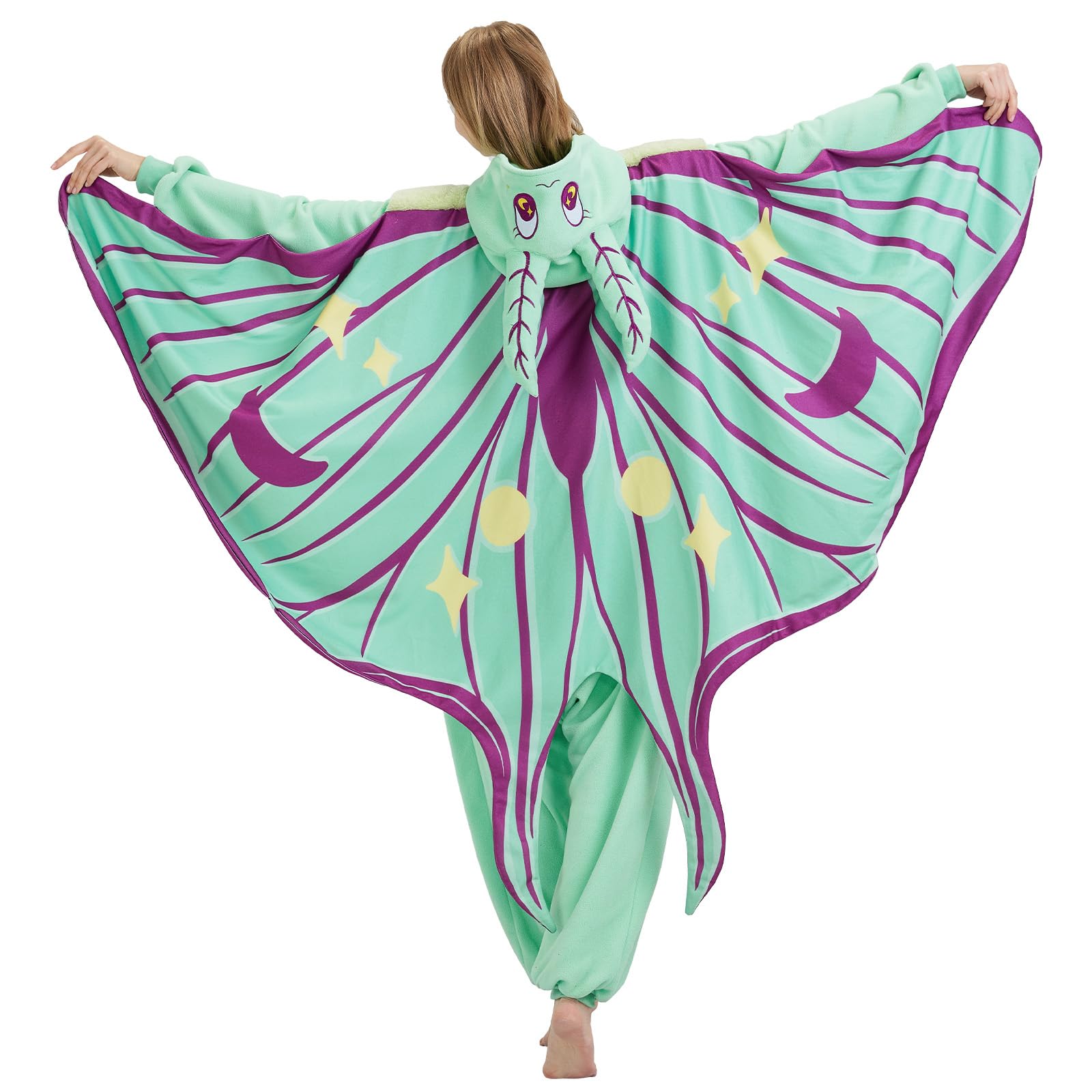 Adult Luna Moth Onesie Costume – Ethereal Winged Pajamas with 3D Antennae & Velvet Collar for Halloween & Cosplay
