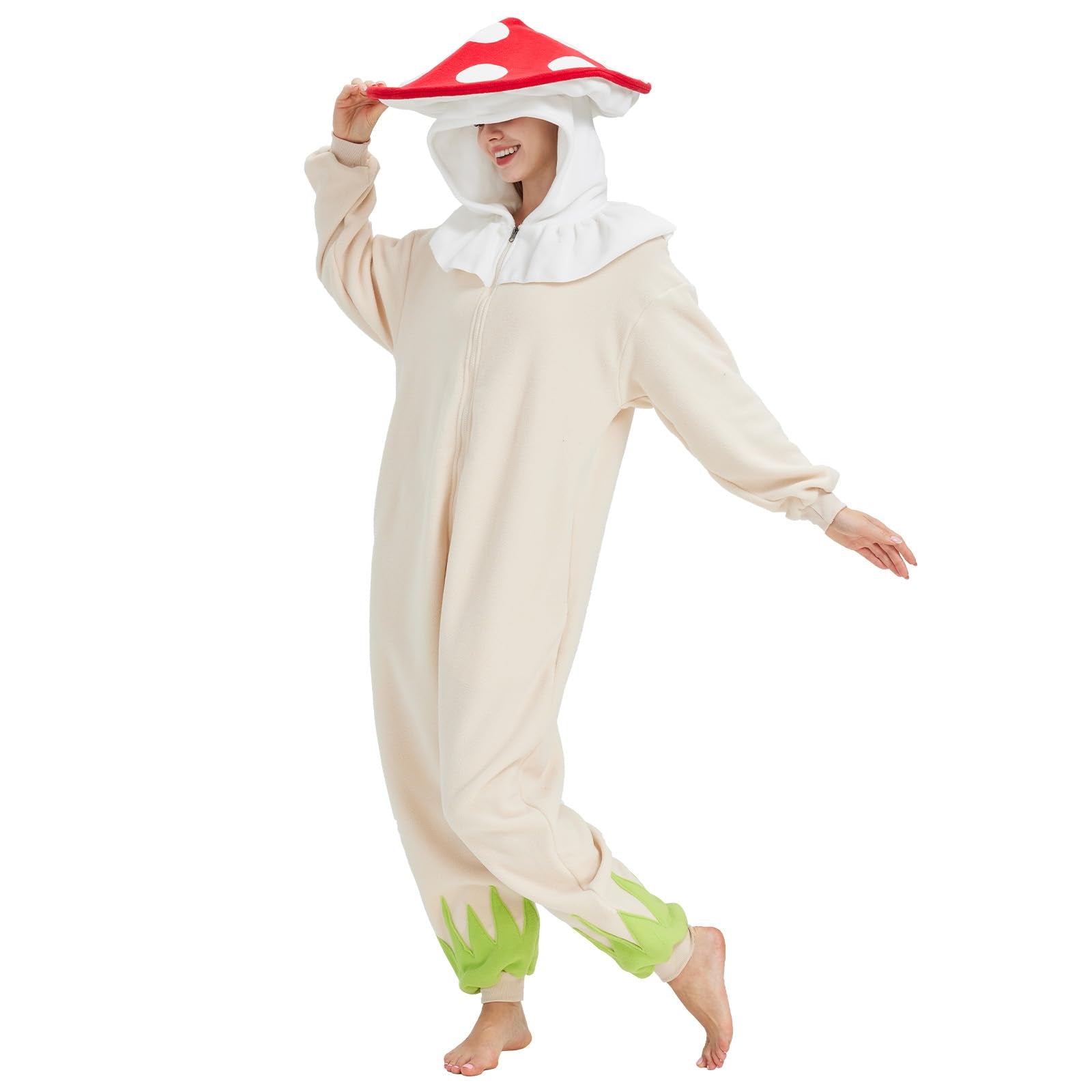 Whimsical Black Mushroom Onesie – Cozy Polar Fleece Pajama Costume with Tassel Hat