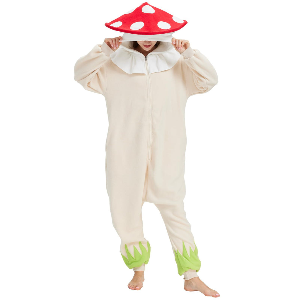 Whimsical Black Mushroom Onesie – Cozy Polar Fleece Pajama Costume with Tassel Hat