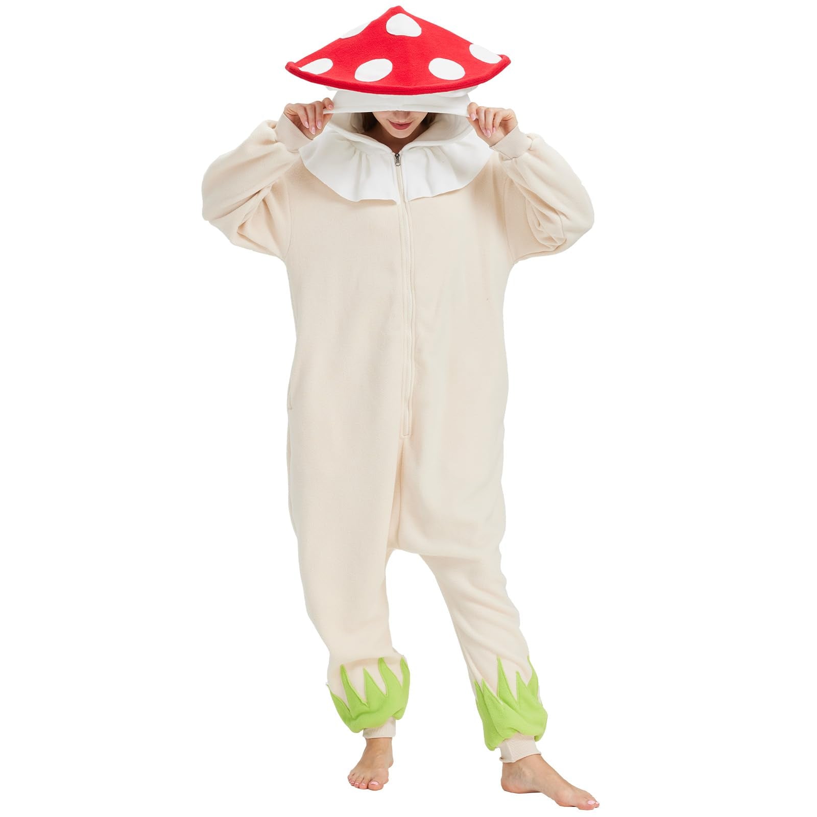 Whimsical Black Mushroom Onesie – Cozy Polar Fleece Pajama Costume with Tassel Hat