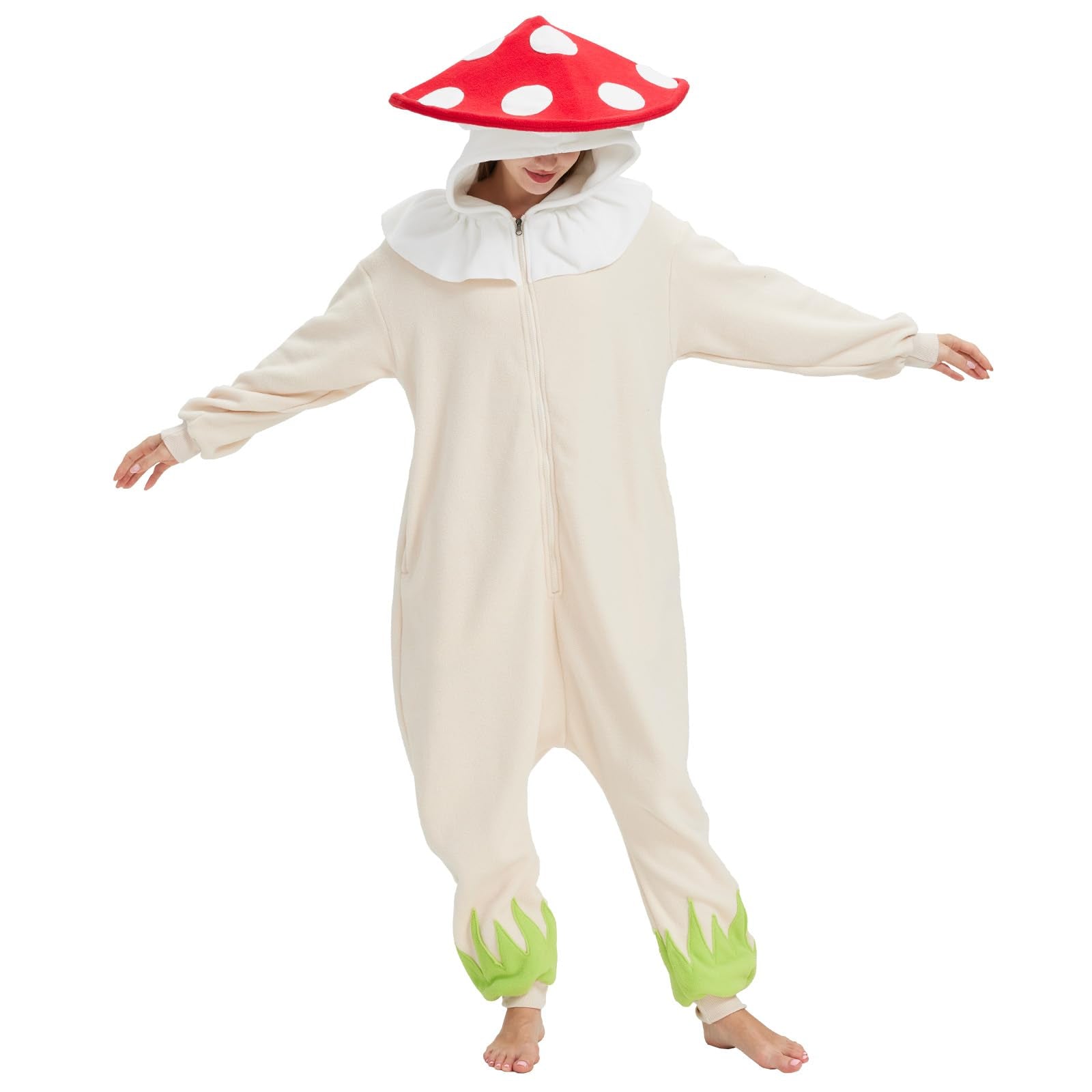 Whimsical Black Mushroom Onesie – Cozy Polar Fleece Pajama Costume with Tassel Hat