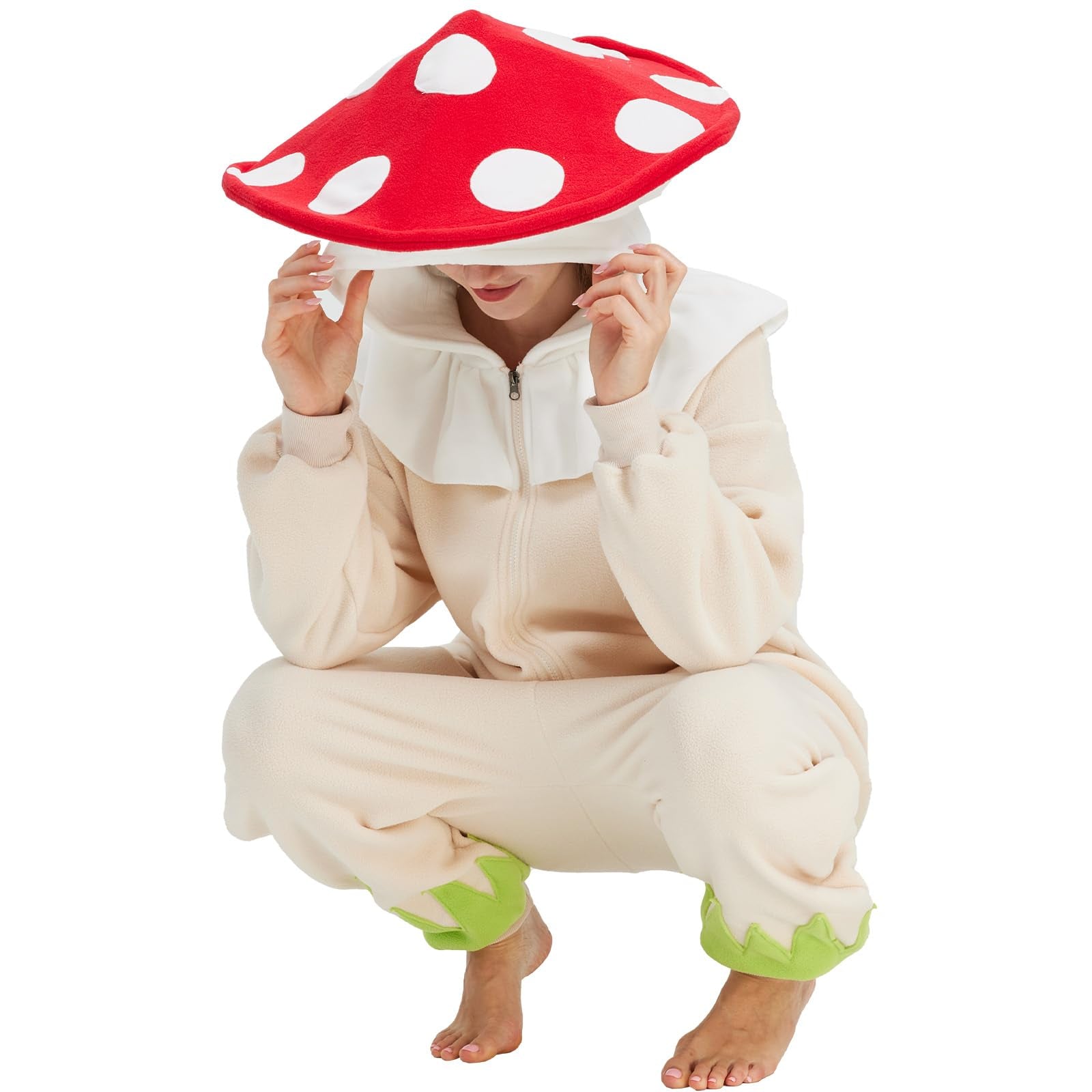 Whimsical Black Mushroom Onesie – Cozy Polar Fleece Pajama Costume with Tassel Hat